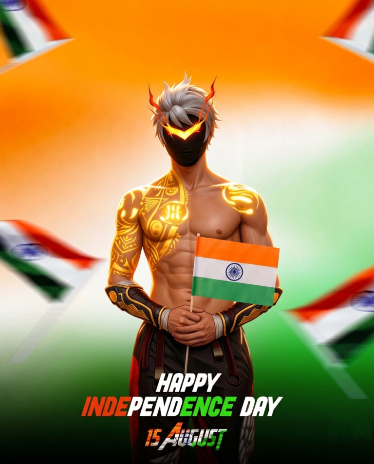 An Independence Day poster featuring a gaming character with white hair, glowing eye mask, and glowing chest tattoos, placed against a blurred Indian tricolor gradient background with flying Indian flags. The character holds a small Indian flag, and bold text at the bottom reads "HAPPY INDEPENDENCE DAY 15 AUGUST